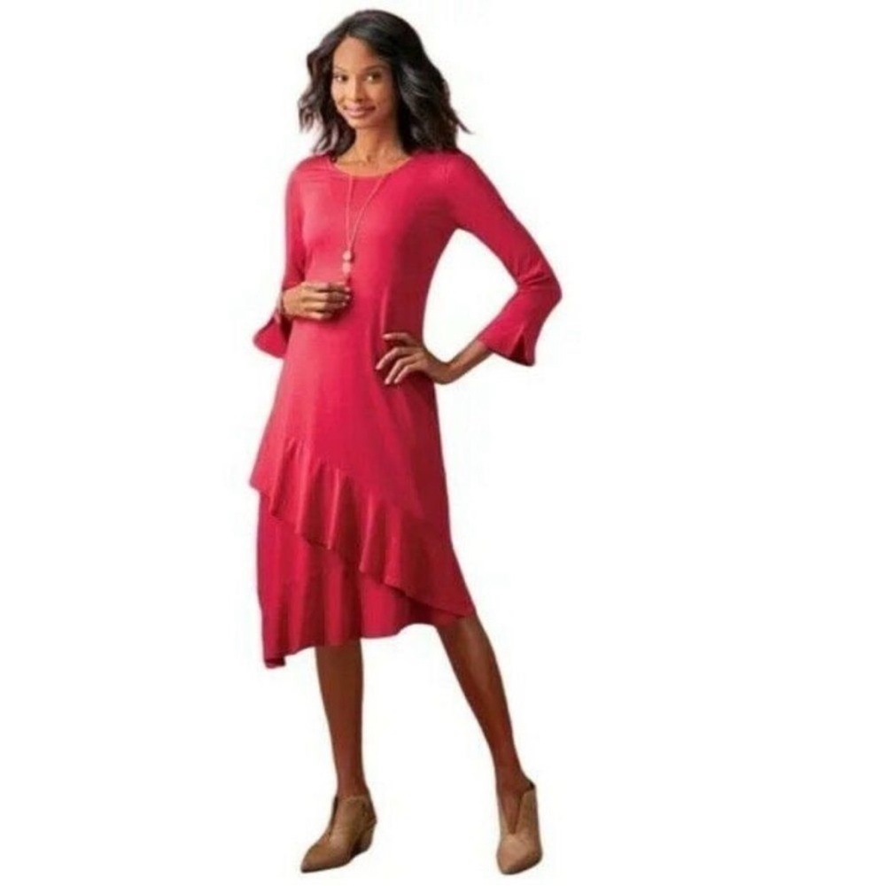 Soft Surroundings Lucia Dress Asymmetric Tunic Ruffle Layered 3/4 Sleev Stretch
